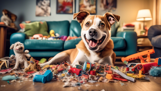 Create a detailed image of a mischievous dog surrounded by torn and chewed-up toys in a cozy living room. The dog should look both playful and slightly guilty, with a variety of colorful toy remnants 