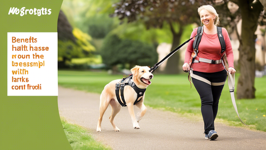 Create an image of a happy dog wearing a Halti Front Control Harness while walking peacefully with its owner in a sunny park. The dog looks comfortable and content, and their owner is smiling, showcas
