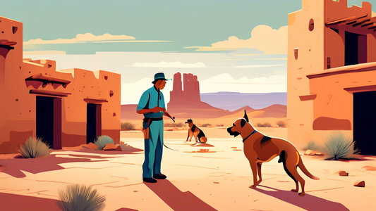 Create an image of a dog training session in the scenic Acoma Pueblo, featuring a calm and well-behaved dog practicing commands with a trainer. Include traditional Pueblo architecture and stunning des