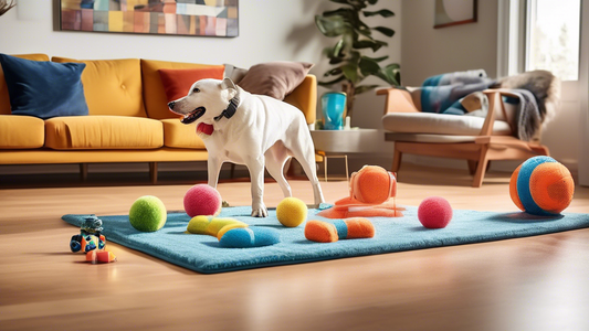Create an image showcasing a variety of innovative and colorful automatic dog toys in a modern living room setting. Include different types of toys like a ball launcher, a treat-dispensing puzzle, and