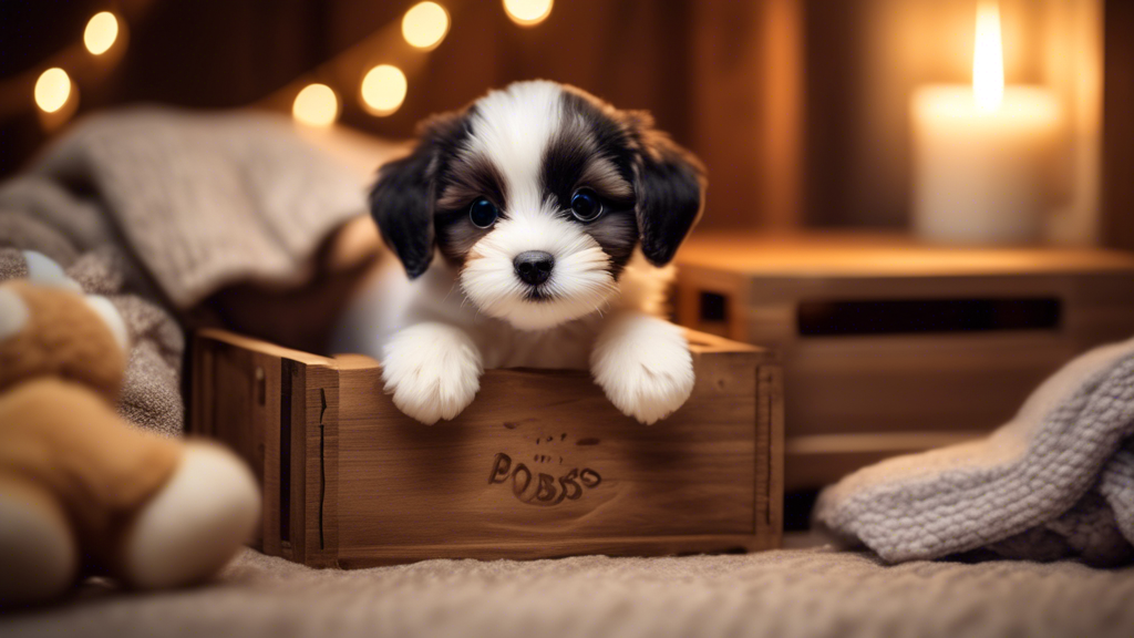 Create an adorable and heartwarming image of a small puppy inside a well-furnished and cozy crate. The scene should show a variety of calming elements such as a soft blanket, a snuggly plush toy, and 