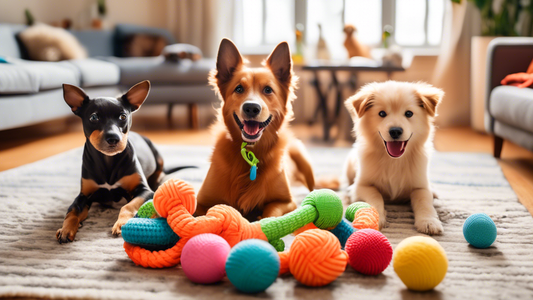 A vibrant, playful scene of several cheerful dogs of various breeds, each intensely engaged with a selection of colorful, durable dog toys designed for tough chewers. The background shows a cozy livin