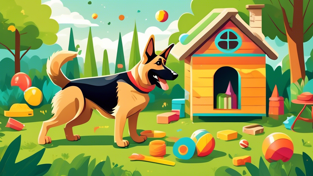 A lively German Shepherd playing with a variety of engaging toys in a lush, green backyard. The scene includes durable chew toys, interactive puzzle toys, a Frisbee, and a ball. The dog looks happy an