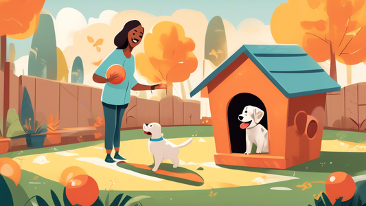 Illustration of a cheerful person training a lively K9 puppy in a backyard. The person is holding a treat and giving a command, while the puppy eagerly responds. The background features playful elemen