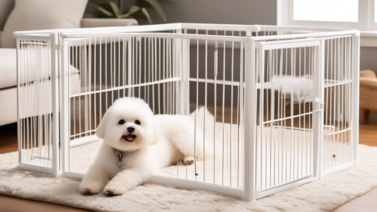 Create an image of a cozy, well-lit home interior with a variety of stylish and functional white dog pens. Each pen should showcase different features such as removable panels, gates, and soft bedding