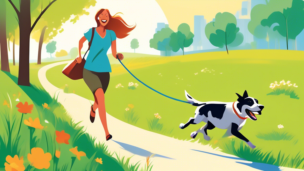 Create an image showing a happy dog and its owner in a sunny park. The dog is joyfully running and exploring, secured by a comfortable, long slip lead held by the smiling owner. The setting is vibrant