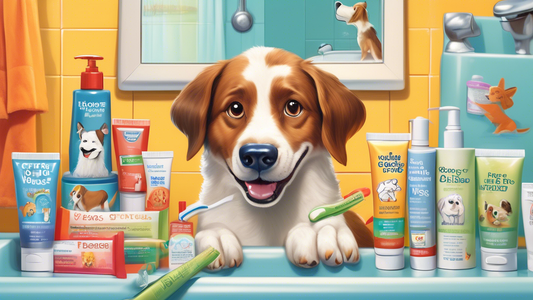 A detailed, colorful illustration of a variety of dog-specific toothpaste tubes lined up on a bathroom counter, with different flavors and ingredients explicitly labeled. In the foreground, a happy do