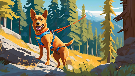 Create an image of a happy dog wearing the Ruffwear Flagline harness while exploring rugged, mountainous terrain. The harness should be clearly visible and feature its notable safety and design elemen