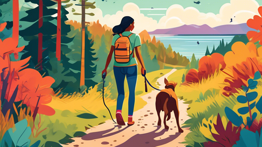Create a vibrant illustration showcasing a happy dog owner walking in a picturesque outdoor setting using a sturdy, colorful Wilderdog leash. The scene should highlight various terrains like a foreste