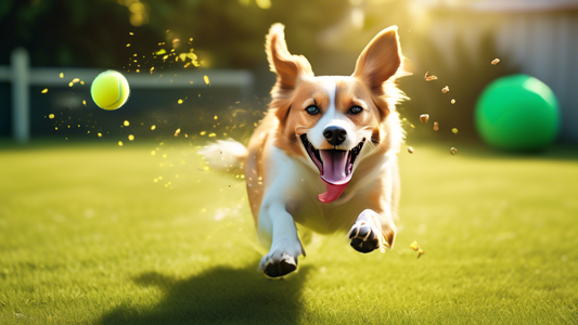 Create an image of a happy dog in a large, sunny backyard. The dog is energetically running after a brightly colored tennis ball that is being launched from a sleek, modern ball thrower. Surrounding t