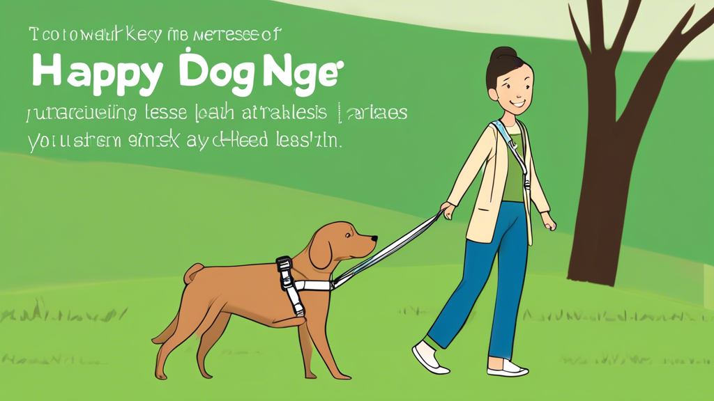 Create an illustration of a happy dog wearing an Easy Walk Harness, with its owner gently adjusting the straps. The background features a serene park setting with green grass and trees. The owner hold