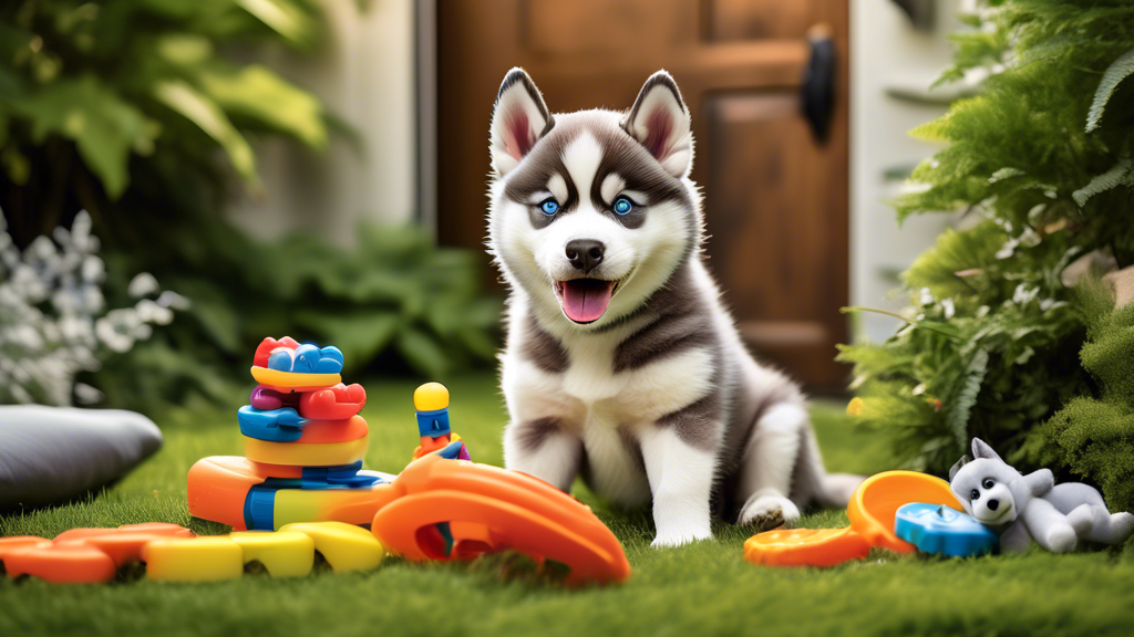 Create an image of a joyful Siberian Husky playing with various toys in a vibrant, cozy backyard. Include interactive toys like a treat-dispensing puzzle, a sturdy rope for tug-of-war, a colorful fris