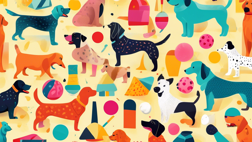 A collection of colorful, durable dog toys made from strong materials, featuring various shapes and textures, surrounded by happy, energetic dogs of different breeds, showcasing their strong chewing a