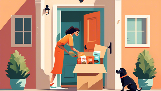 Create a visually appealing scene featuring a friendly delivery person handing over a package labeled 'Raw Dog Food' to a happy pet owner at their doorstep. Include a cheerful, well-groomed dog eagerl