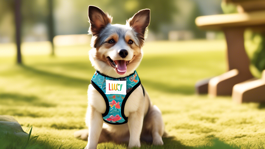 Create an image of a happy dog wearing a stylish and comfortable harness with the label 'Lucy & Co', playing in a park with other dogs. The harness should be well-fitted and come in vibrant, eye-catch
