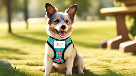 Create an image of a happy dog wearing a stylish and comfortable harness with the label 'Lucy & Co', playing in a park with other dogs. The harness should be well-fitted and come in vibrant, eye-catch