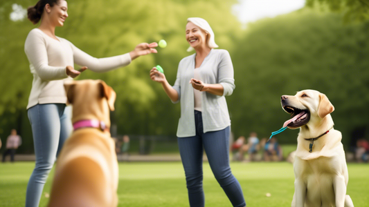 Create an image of a joyful Labrador Retriever engaging in a training session with its owner in a lush, green park. The Labrador should be attentively following commands, such as sitting or shaking ha