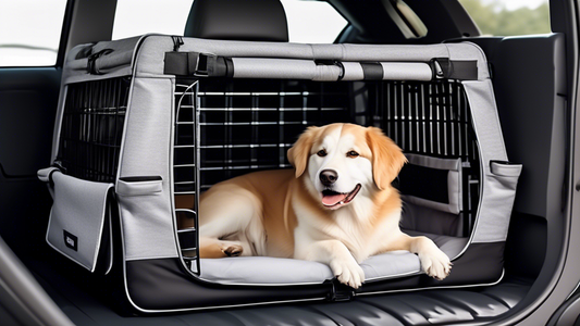 A cozy car interior scene featuring a well-behaved, happy dog comfortably resting in a high-quality, soft-sided dog crate designed for travel. The crate should be secured with safety straps and have v