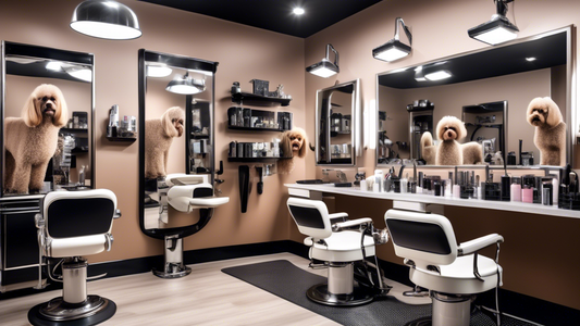 A detailed, high-resolution image of a sleek, modern dog grooming salon featuring several top-of-the-line grooming tables. Some of the tables are set with dog grooming tools like clippers, scissors, b