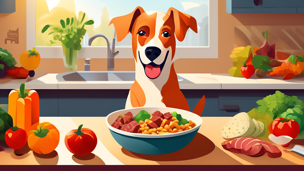 Create an image of a happy, healthy dog eagerly eating from a bowl labeled 'Premium Dog Food.' Surround the dog with vibrant vegetables, high-quality meat cuts, and grains, symbolizing the nutritious 