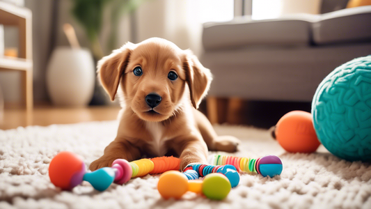 A playful, young puppy happily chewing on a brightly colored Kong Teething Stick, surrounded by other teething toy options, in a cozy living room setting with soft rugs and dog-friendly furniture. The