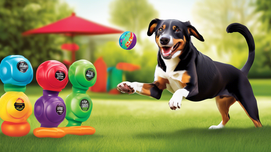 Create an illustration showcasing a happy, playful dog interacting with a colorful Kong Wubba dog toy in a vibrant backyard setting. Include helpful, engaging labels and callouts that describe the toy
