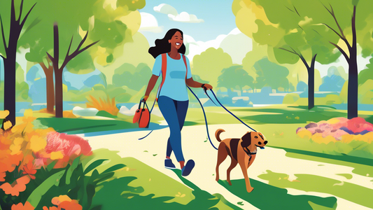Create an image that depicts a joyful dog owner walking their energetic dog in a lush green park. The dog is on a 10-foot leash, exploring freely, while the owner holds the leash with ease, showcasing