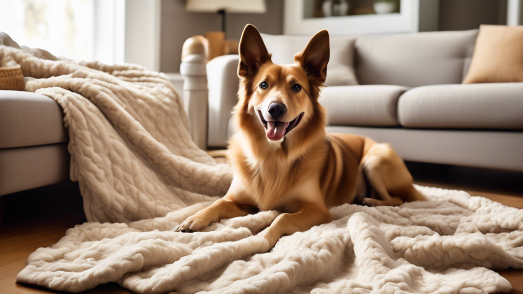 Create an image featuring a happy dog lounging on a durable, stylish blanket in a cozy home setting. The blanket should have a rugged yet comfortable appearance, with reinforced stitching and a soft t