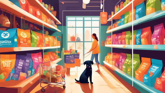 A vibrant pet store aisle showcasing a variety of high-quality puppy food brands, with a smiling pet owner carefully selecting a bag. Shelves are neatly stocked with colorful packaging displaying heal