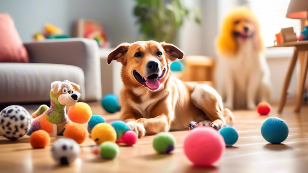 A brightly lit room with an assortment of moving dog toys scattered on the floor. A happy, playful dog is interacting with a spinning ball, while other toys like automated stuffed animals and bouncing