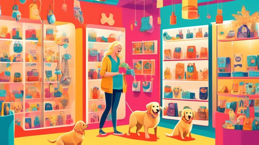 A vibrant pet store with various custom dog harnesses on display, each with unique designs and patterns. A friendly shop assistant helps a happy dog owner find the perfect fit for their excited Golden