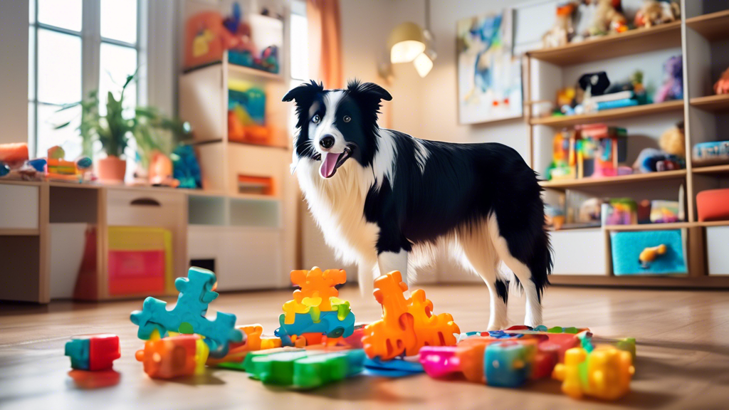 A brightly lit living room with a fluffy, intelligent-looking dog, such as a Border Collie, eagerly interacting with a complex and colorful puzzle toy. The toy features multiple compartments and slide