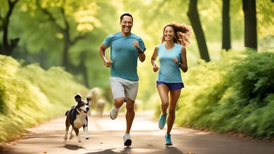 Create an image of a person jogging through a scenic park with their happy dog trotting alongside them, connected by a hands-free dog leash around the person's waist. The backdrop should include lush 