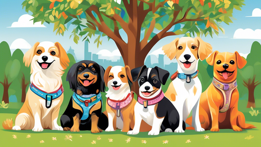 Create a detailed illustration of a variety of colorful and stylish dog halters specifically designed for small breeds, displayed on happy, well-groomed small dogs of various breeds. The background sh