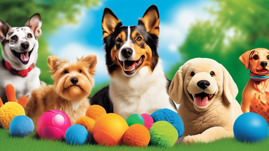 Create an image that showcases a vibrant variety of bulk dog toys in an outdoor setting, where several happy dogs of different breeds are playing. The toys should include colorful balls, chew toys, ro
