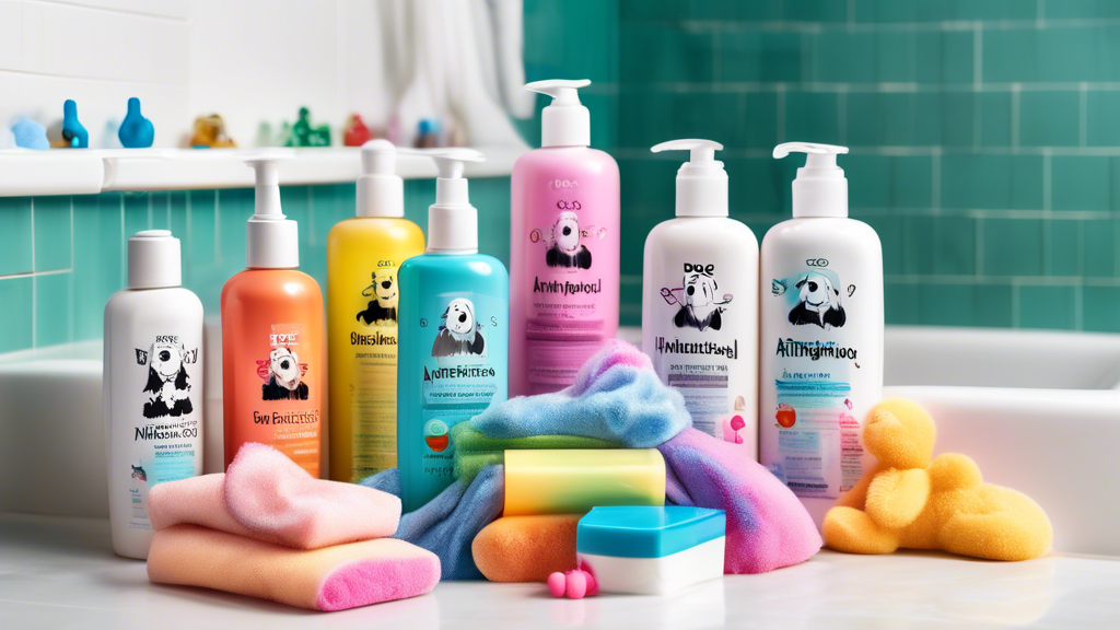 A detailed and vibrant image of a selection of dog shampoos labeled with 'antibacterial' and 'antifungal' in colorful, pet-friendly packaging, arranged on a bathroom counter next to a fluffy, healthy-