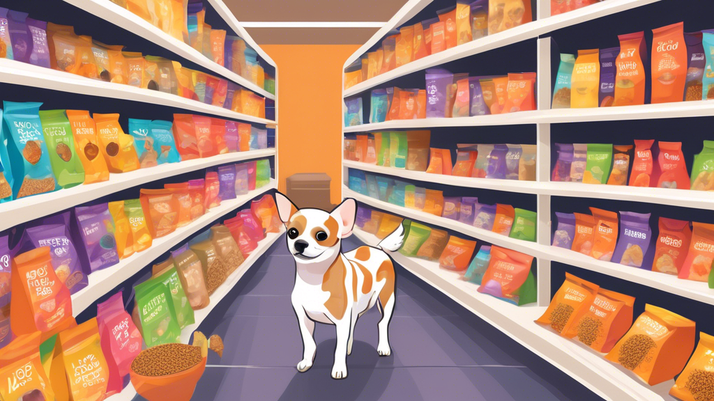 A brightly lit pet store aisle filled with colorful bags of high-quality small breed dog food, clearly labeled and featuring a variety of wholesome ingredients such as chicken, sweet potatoes, and pea