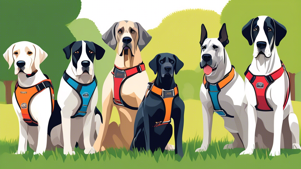 A variety of XXXL dog harnesses designed for giant dog breeds, displayed on large dogs like Great Danes and Saint Bernards in a grassy park setting. The harnesses feature different styles, colors, and