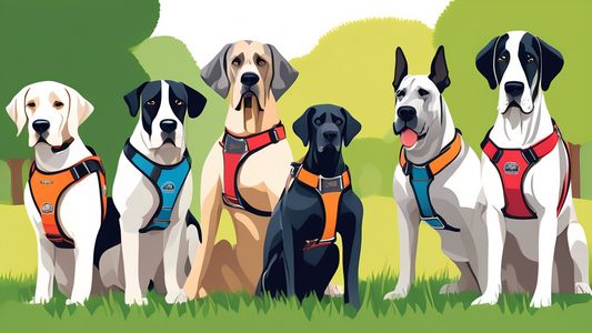 A variety of XXXL dog harnesses designed for giant dog breeds, displayed on large dogs like Great Danes and Saint Bernards in a grassy park setting. The harnesses feature different styles, colors, and
