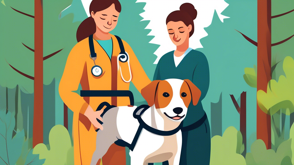 A heartwarming scene showing a dedicated veterinarian gently securing an injured dog into a specialized rescue sling. The background features a calm, forested area, highlighting the care and attention