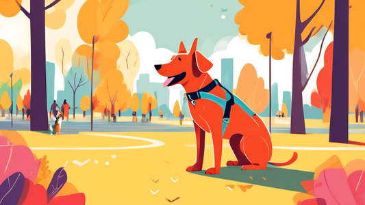 Create an illustration of a cheerful dog in a park, wearing a sleek, simple, and comfortable harness. Display a variety of harnesses on a stand nearby, with the dog owner comparing them thoughtfully. 