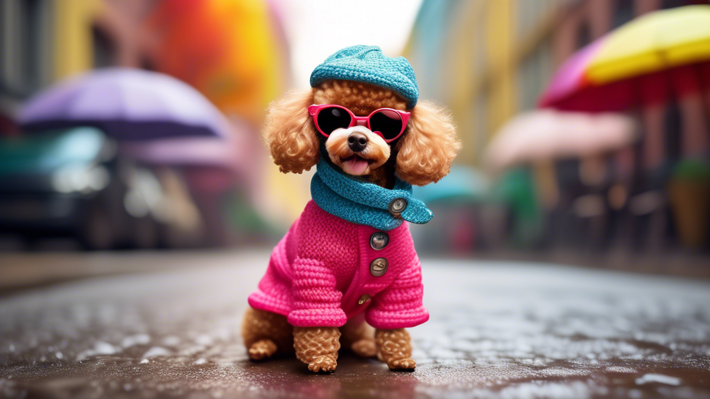 A delightful toy poodle in vibrant, fashionable outfits. The poodle wears a series of stylish ensembles including a cozy sweater with a scarf, a chic raincoat with little boots, a trendy hat and sungl
