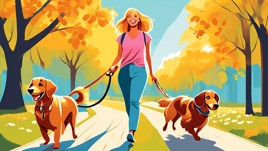 Create an image of a cheerful person walking two happy dogs on a scenic path, using a double dog leash. One dog should be a golden retriever and the other a dachshund. The background should feature a 