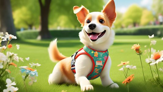 Create an image of a happy dog wearing a stylish and well-fitted harness from the 'Lucy & Co' brand. The scene is set in a sunny park with green grass and blooming flowers, where the dog is joyfully p
