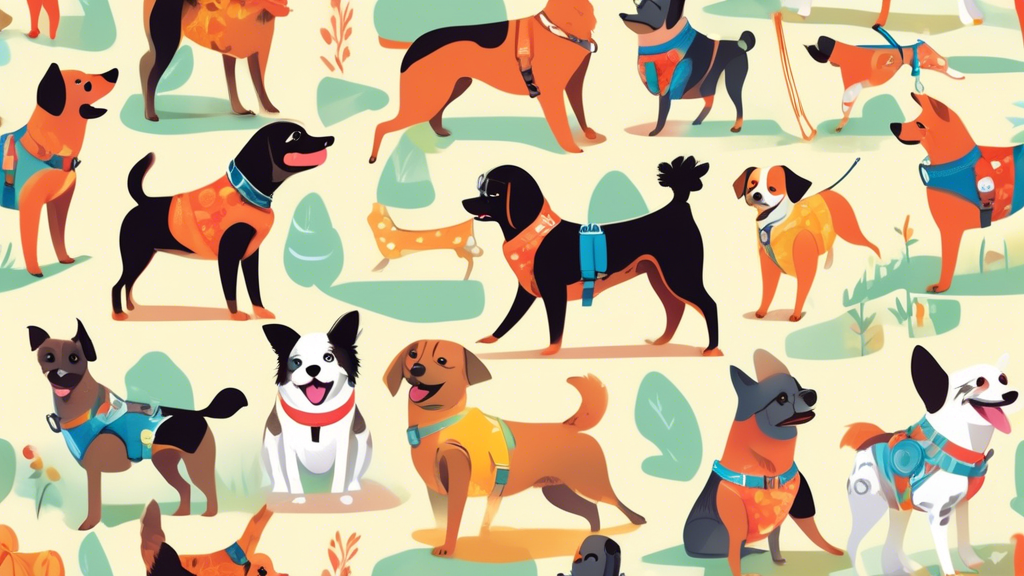 Illustrate a playful scene of a variety of small, adorable dogs of different breeds wearing colorful, stylish, and comfortable harnesses. The dogs are happily interacting in a sunny park setting, with
