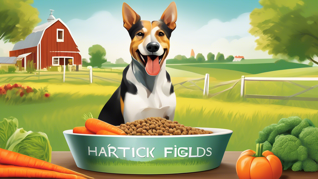 Create an image of a happy and healthy dog eating from a beautifully designed, premium dog food bowl labeled 'Hartwick Fields.' Surround the dog with lush, green fields and fresh vegetables like carro