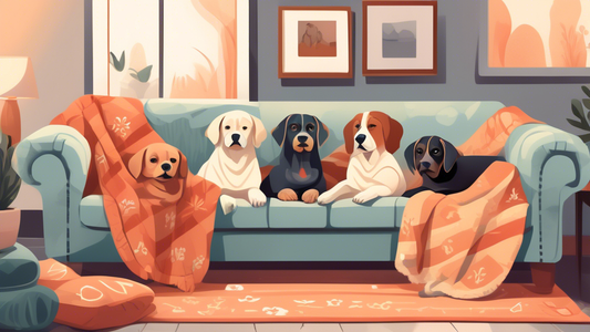 Create an image of a cozy, serene living room with a variety of calming dog blankets draped over a plush sofa. Several dogs of different breeds are peacefully resting on the blankets, looking relaxed 