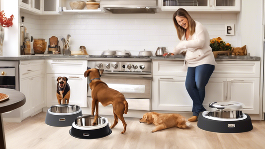 A warm, cozy kitchen scene with various dog feeders on display, each uniquely designed for different dog sizes and breeds. Include a range of styles like elevated feeders, automatic dispensers, and sl