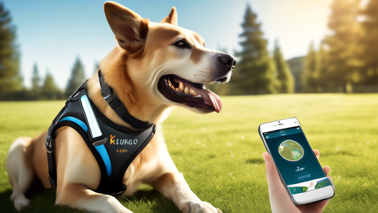 Create an image of a happy dog wearing a high-tech, sleek, and stylish harness labeled Kurgo Tru-Fit. The harness should feature LED lights, digital display, and GPS tracking. The scene should be set 