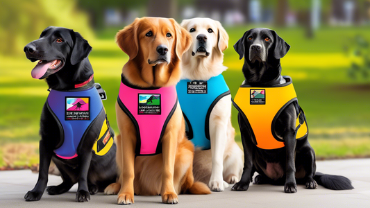 Create an image showcasing a variety of top-rated service dog vests for 2023. The vests should be displayed on different breeds of service dogs, highlighting features such as reflective strips, handle